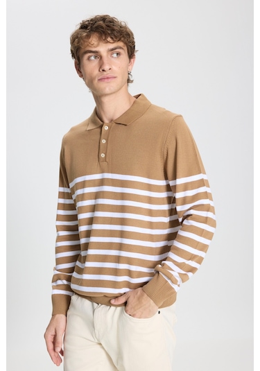 AC&Co / Altınyıldız Classics Erkek Vızon-ekru Standart Fit Normal Kesim Polo Yaka Çizgili Triko Kazak Vizon - Ekru