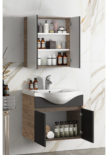 Yıldız 55+35 Cm Atlantik Çam- Antrasit Gri Mat Mdf Seramik Lavabo Antrasit - Atlantik Çam