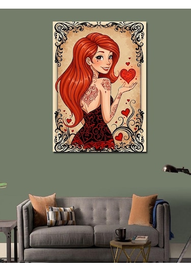 Kanvas Tablo Kırmızı Saçlı Kadın Kalp 70cmx100cm