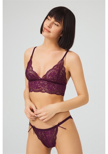 Mürdüm Dantelli Transparan Balensiz Kadın Sütyen Takımı MÜRDÜM