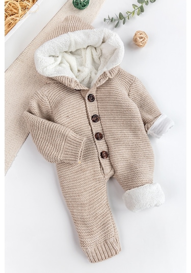 Triko Örme Welsoft Astarlı Kapüşonlu Kışlık Bebek Tulum Bej