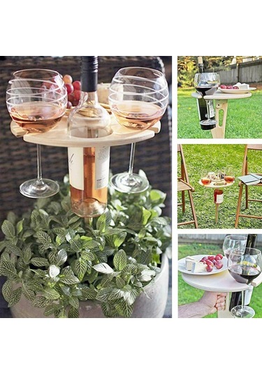 Taşınabilir Açık Katlanır Ahşap Şarap Masası Şarap Cam Tutucu Plaj Arka Bahçe Piknik Partisi İçin Kahverengi