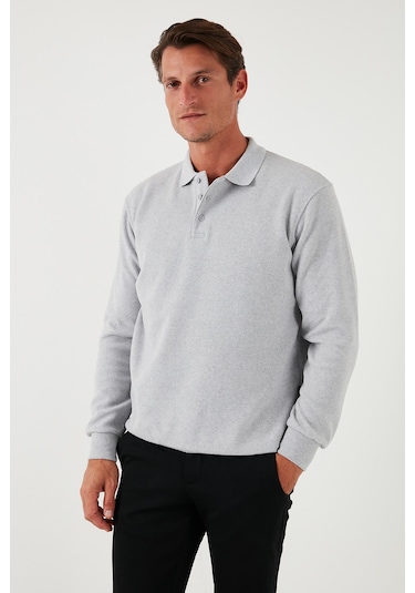 Buratti Pamuk Karışımlı Regular Fit Erkek Polo Yaka Kazak 456223 Açık Gri