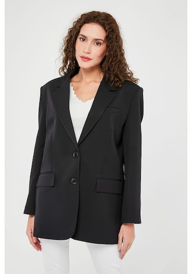 Siyah Kadın Düğmeli Oversize Blazer Ceket Siyah