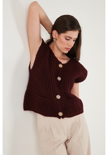 Lela Premium Oversize Fit Bisiklet Yaka Düğmeli Örgü Bayan Yelek 680Yl1416 Bordo