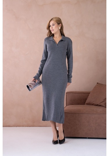 Kadın Polo Yaka Yamuşak Dokulu Maksi Boy Triko Elbise Antrasit