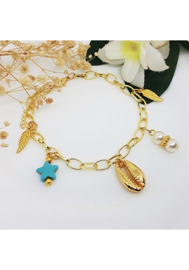 Turkuaz Doğal Taş & Altın Kaplama Deniz Kabuğu & Bakla Zincir Kad