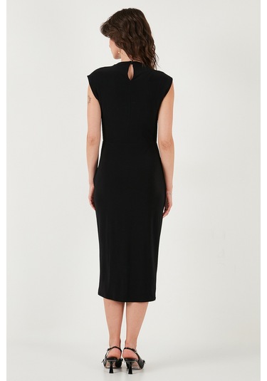 Lela Drape Ve Yırtmaç Detaylı Sıfır Yaka Kolsuz Midi Boy Bayan Elbise 611El694 Siyah
