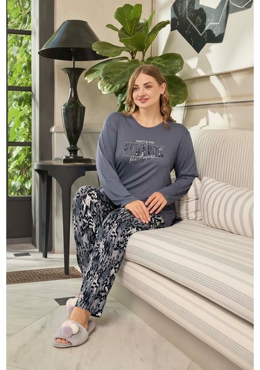 Aydoğan Kadın İnci Büyük Beden Forever Mavimsi Gri Pijama Takım 0658 Gri