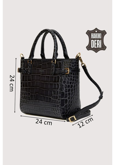 Hakiki Deri Kadın El Çantası Siyah Kroko Smr7922 Siyah Kroko
