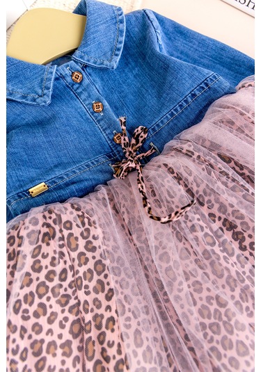 Babymod Denim Leopar Desenli Şık Özel Gün Kız Bebek Elbise Pembe