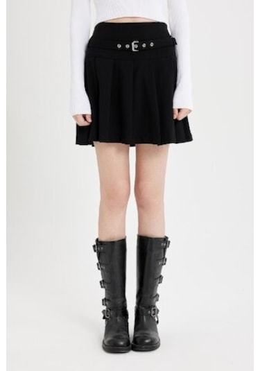 Defacto Yüksek Bel Basic Düz Kemerli Pileli Siyah Mini Etek D4470AX24AUBK27 Siyah