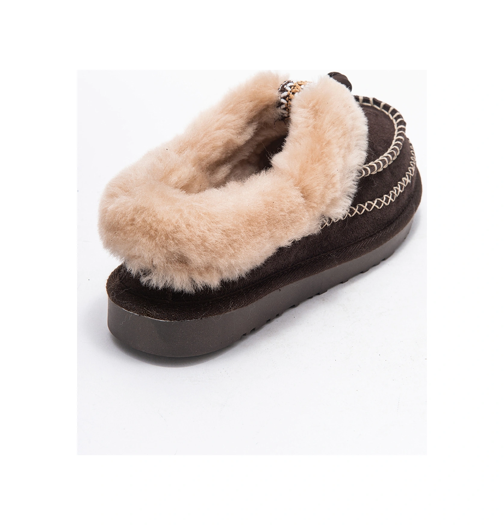 Norıel Kahverengi Süet Hakiki Deri Dikişli Kürklü Kadın Makosen Terlik Kahverengi