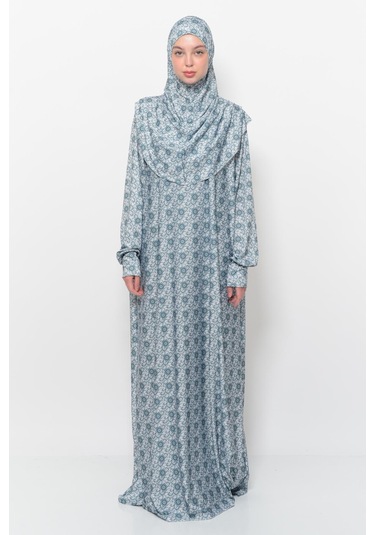 Pratik Tek Parça Güneş Desenli Kollu Tak Çıkar Başörtülü Likralı Tesettür Namaz Elbisesi 990-0302 Açık Zümrüt Antrasit