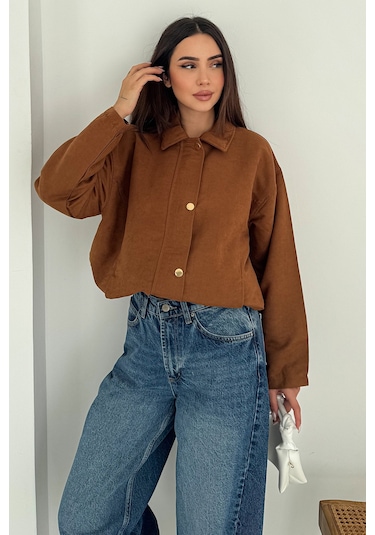Kadın Fermuarlı Altın Düğmeli Mont Structured Style Taba