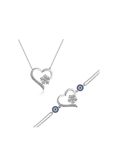 Blackcraft 925 Ayar Gümüş Kalp Kar Tanesi Set Beyaz