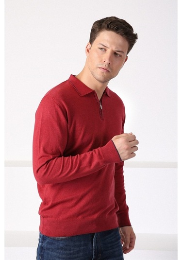 Ferraro Tarçın Polo Yaka Fermuarlı Erkek Pamuk Kazak Tarçın