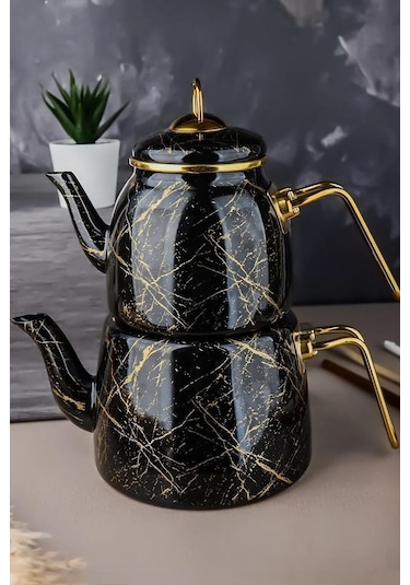 Nishev.com Evini Sev Elite Class Kırık Mermer Desenli Çaydanlık Siyah