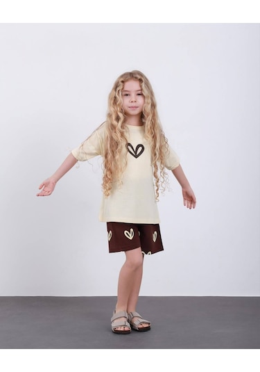 Miniko Kids Kız Çocuk Kalp Modelli Pamul Şortlu Takım Ekru