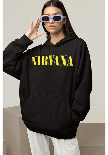 Sevbano Nirvana Yazılı Unisex Oversize Tasarım Hoodie Siyah