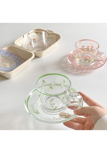 Kosona Yeşil Zambak Desenli 301-400ml Cam Bardak: Fransız Stili下午茶, Kafe Ve Çay İçin, Kaliteli Materyal, Moda Tasarım