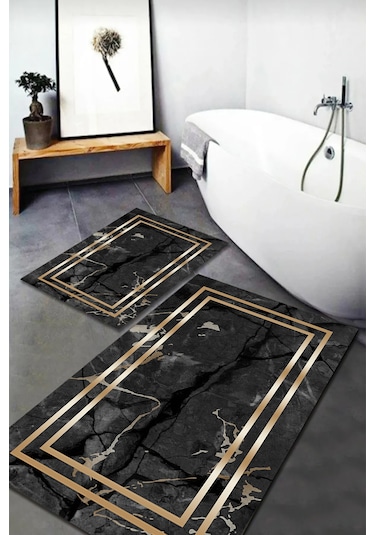 Banyo Paspas Takımı 2'li Set Kaymaz Tabanlı Yıkanabilir Bb-114 Siyah - Gri
