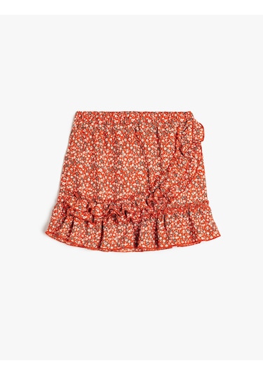 Koton Fırfır Detaylı Beli Lastikli Kruvaze Mini Etek Kırmızı Desenli 5skg70005ak Kırmızı Desenli Kırmızı