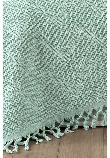 %100 Pamuk Çift Kişilik Bağlama Saçaklı Pike-220x240 Cm-mint Mınt Mint