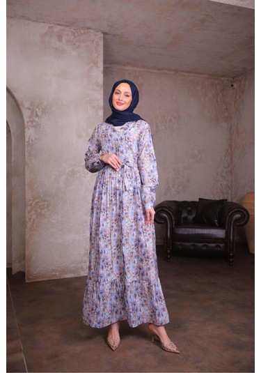 Çiçek Desenli Elbise Mor Mavi