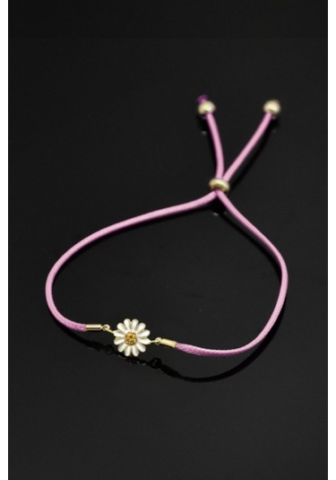 Kadın 925 Ayar Gümüş Pembe Ipli Asansörlü Papatya Bileklik