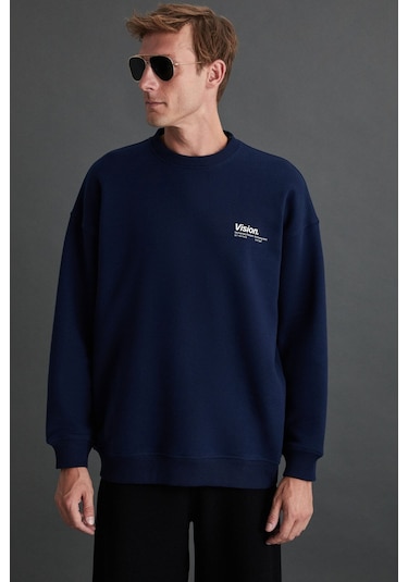Ernest Erkek Yumuşacık Içi Polarlı Baskı Detaylı Organik Pamuk Oversize Lacivert Sweatshirt