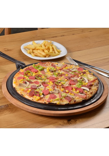 Lava Döküm Ahşap Ve Döküm Demir Hot Plate Servis Tahtası. Çap Ø 34cm.
