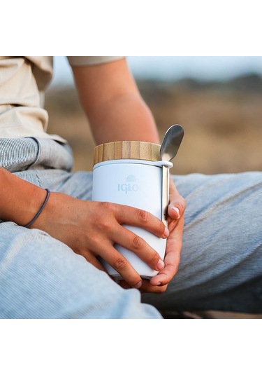 Bambu Kapak Yemek Termosu 500ml Çelik Termos Beyaz 12 Saat Sıcak Tutar Beyaz