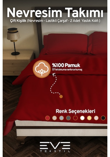 Eve Tekstil %100 Pamuk Ranforce Çarşaflı Yastık Ve Yorgan Kılıflı Çift Kişilik Nevresim Takımı 200x220 Cm Bordo