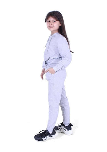 Fyk Kids Kapüşonlu Kanguru Cepli Düz Desen Kız Çocuk Alt-üst Takım Gri