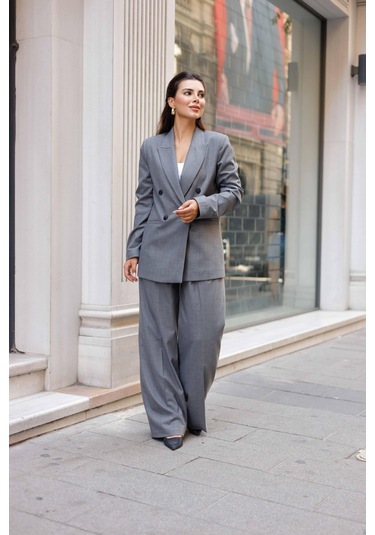 4 Düğmeli Kruvaze Geniş Çizgili Takım Gri Gri