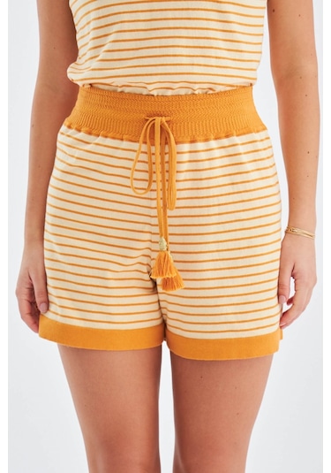 Peraluna Paru Top & Shorts Pamuklu Yazlık Kadın Triko Şort Takım Bej-Turuncu Bej - Turuncu