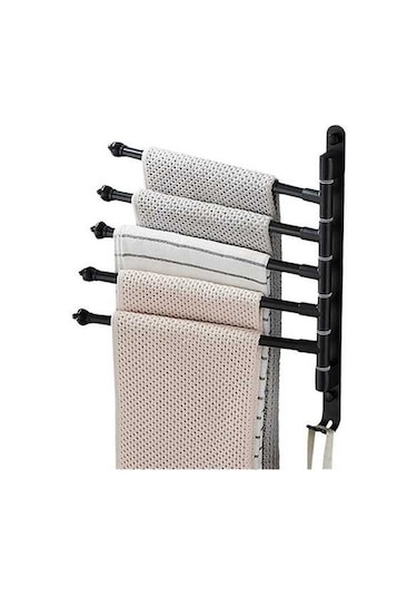 Novahub 5 Kollu Dönebilir Alüminyum Havlu Askısı - Deliksiz/delikli Montaj, 180 Dönüşlü, Pratik Kancalı, 30cm Siyah Siyah