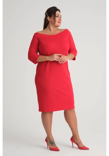 Kadın Kırmızı Carmen Yaka Truvakar Kol Büyük Beden Esnek Krep Elbise-kırmızı Kırmızı