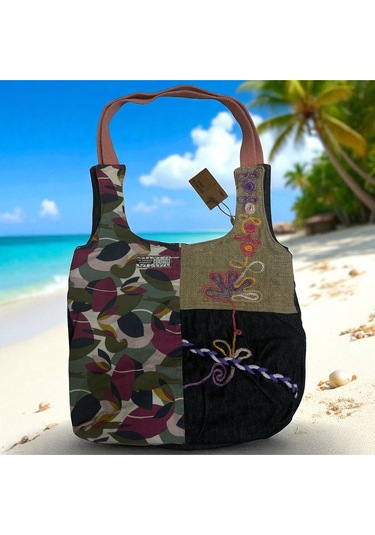 Vintage Renkli Salaş Etnik Orta Boy Plaj Günlük Kadın Kol Omuz Çantası 34 Cm X 37 Cm Siyah