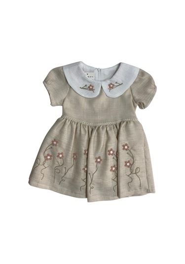 Kız Çocuk Şapkalı Çiçek İşlemeli Keten Elbise 001