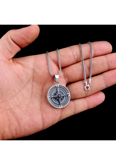 925 Ayar Gümüş Yön Pusulası Model Zirkon Taşlı Kolye