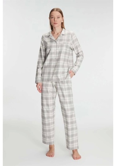Anıl Kare Desenli Pamuklu Gömlek Pijama Takımı Gri