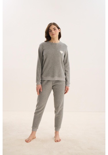 Kadın Uzun Kol Polar Gri Melanj Pijama Takım C1t5n1o61 001