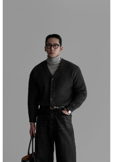 Tarz Cool Erkek Regular Fit Düğmeli V Yaka Triko Hırka Füme
