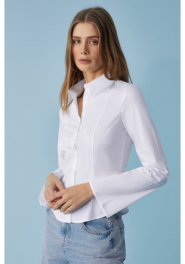 GRINNE Kadın Slim Gömlek Yaka Uzun Kollu İnce Uzun Beyaz Gömlek
