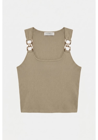 Kadın Haki S6-106 Aksesuar Detaylı Crop Bluz