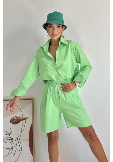 Fıstık Yeşili Önü Cepli Gömlek Ve Şort Takım Fıstık Yeşili