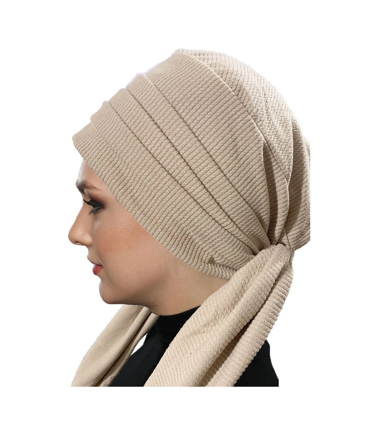 Fitilli Penye Bağlama Bej Hazır Türban Tesettür Bone Bej