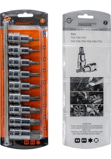 6195 1/2" Torx Bits Uçlu Lokma Anahtar Takımı 9 Parça Raylı